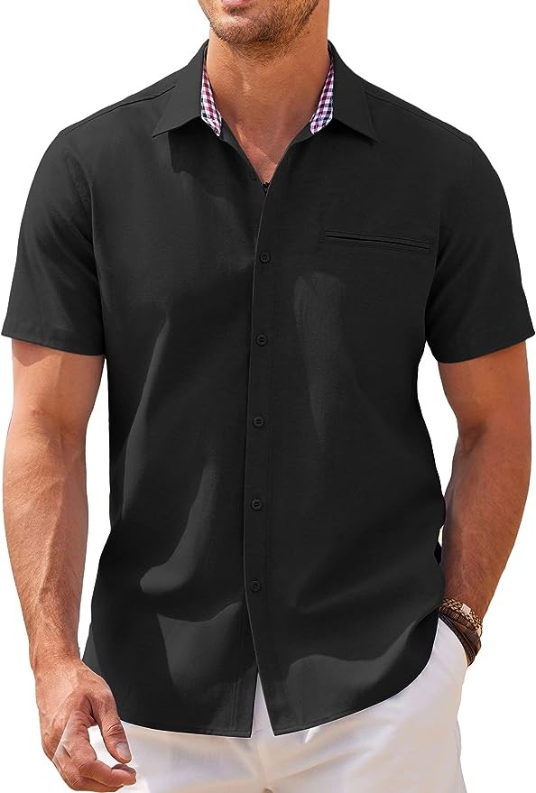 COOFANDY Men's Short Sleeve Oxford Dress Shirt Chambray Button Down Work Shirt Casual Plaid Collar Shirts