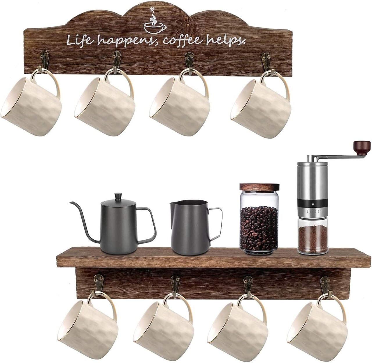 Ismosm Coffee Cup Holder Set of 2 Coffee Mug Holders with 8 Sturdy Hooks Coffee Bar Accessories Mug Rack for Farmhouse Kitchen Decorations, Coffee Station Dec