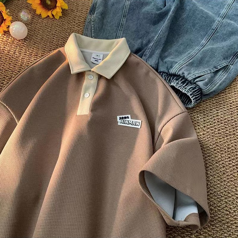 Waffle polo shirt for men casual loose summer polo collar oversized aesthetic polo Korean sweatshirt