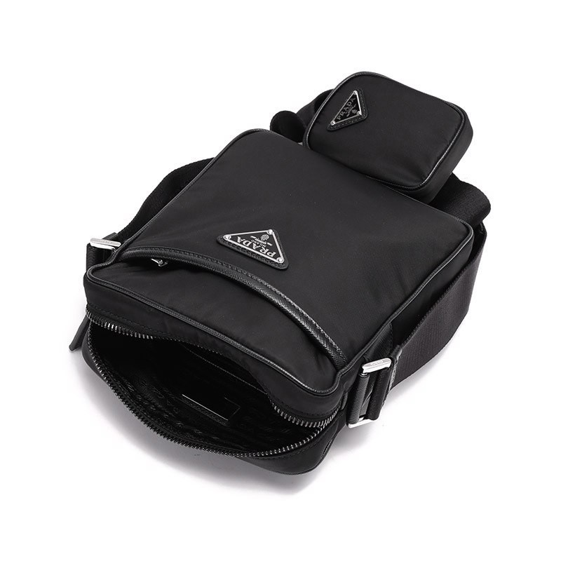 PRADA Men's Re-Nylon Regenerated Nylon Messenger Bag Shoulder Messenger Bag with Small Bag 2VH112 2DMH F0002-V-XOP-Black Triangle Logo