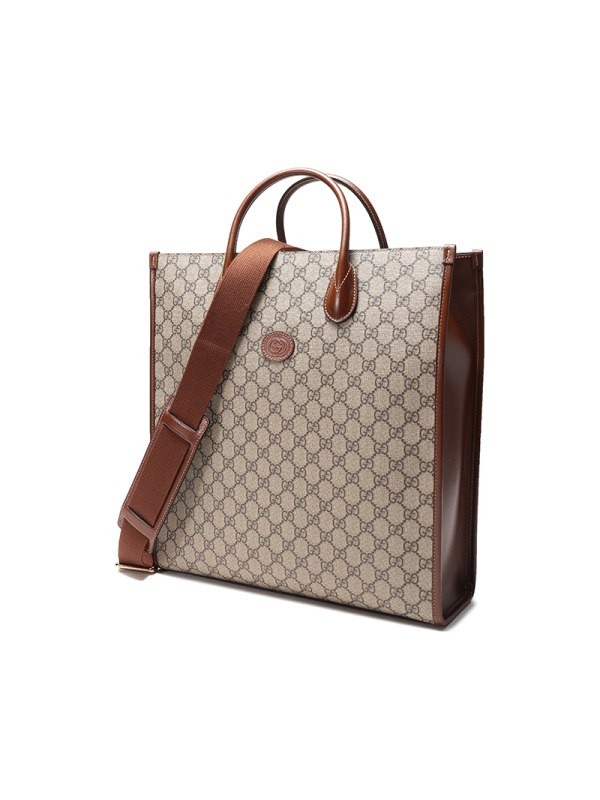 Gucci GUCCI Men's Canvas with Leather INTERLOCKING G Portable Shoulder Messenger Bag Tote Bag Shopping Bag Medium 674155 92THG 8563-Beige Ebony GG PresbyopiaBrown