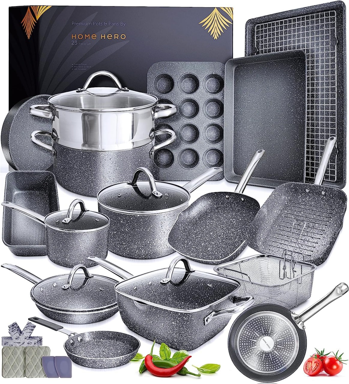 Granite Cookware Sets Nonstick Pots and Pans Set Nonstick - 23pc Kitchen Cookware Sets Induction Cookware Induction Pots and Pans for Cooking Pan Set Granite Cookwa