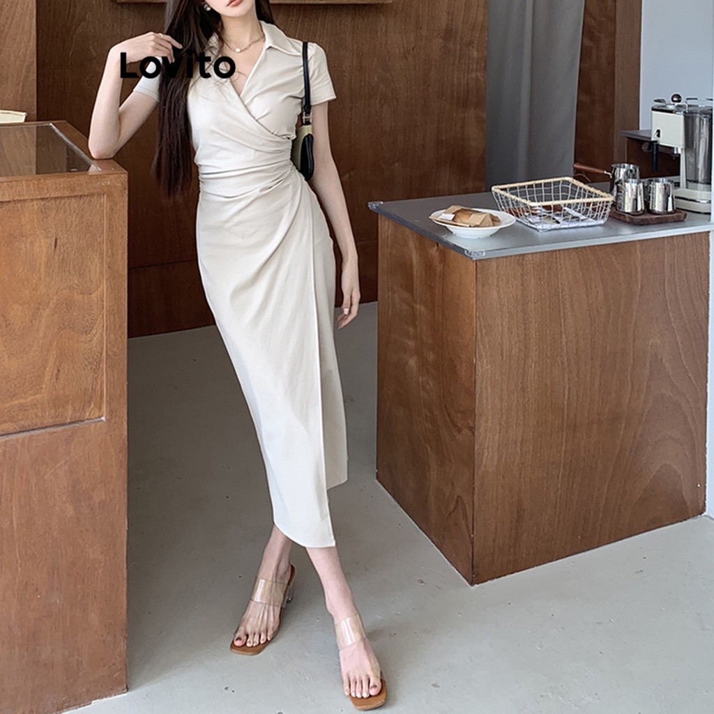 Lovito Women Casual Plain Ruched Asymmetrical Dress LNE29416 (White/Black)