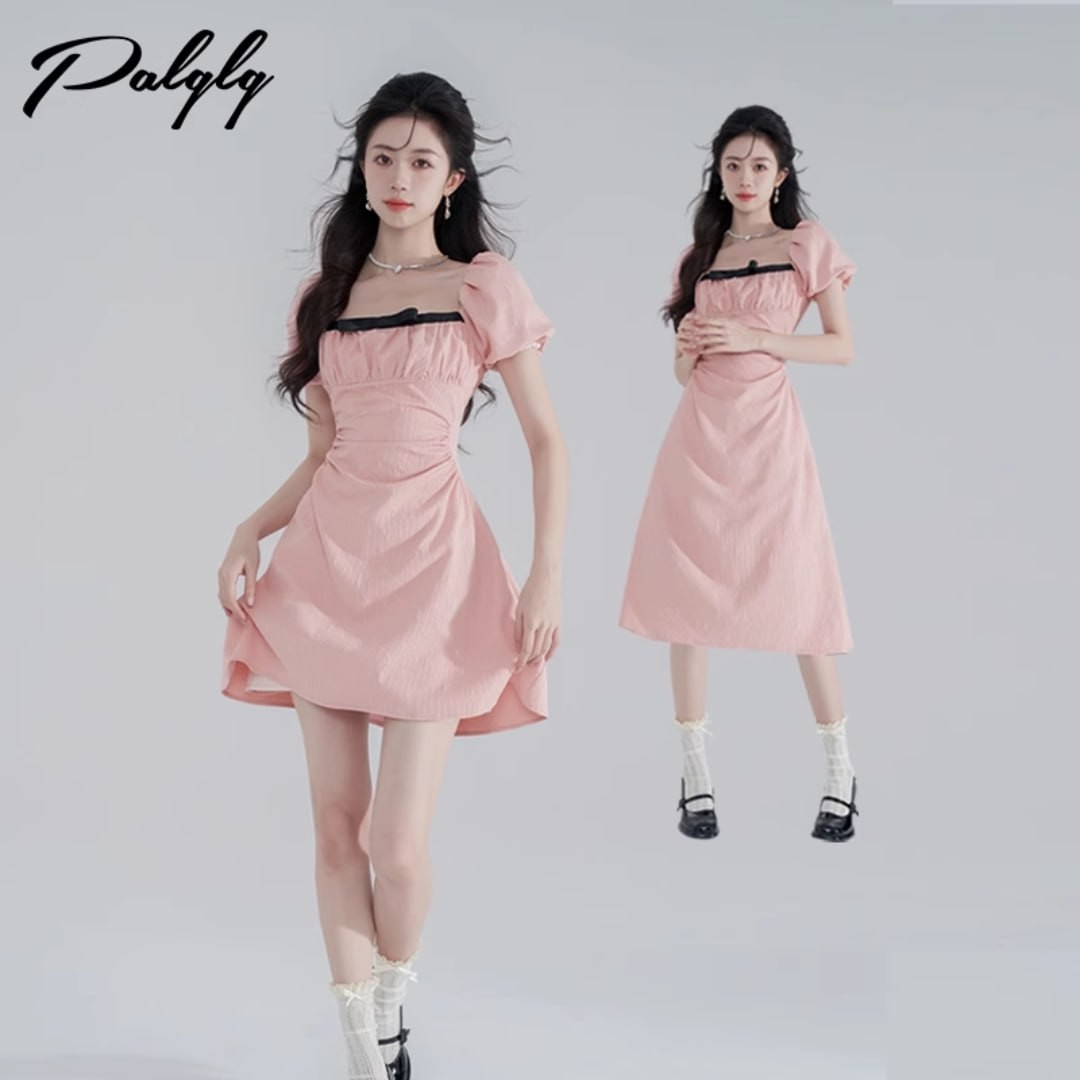 palglg pink square collar puff sleeve dress women's summer small fragrance skirt waist sweet design sense skirt