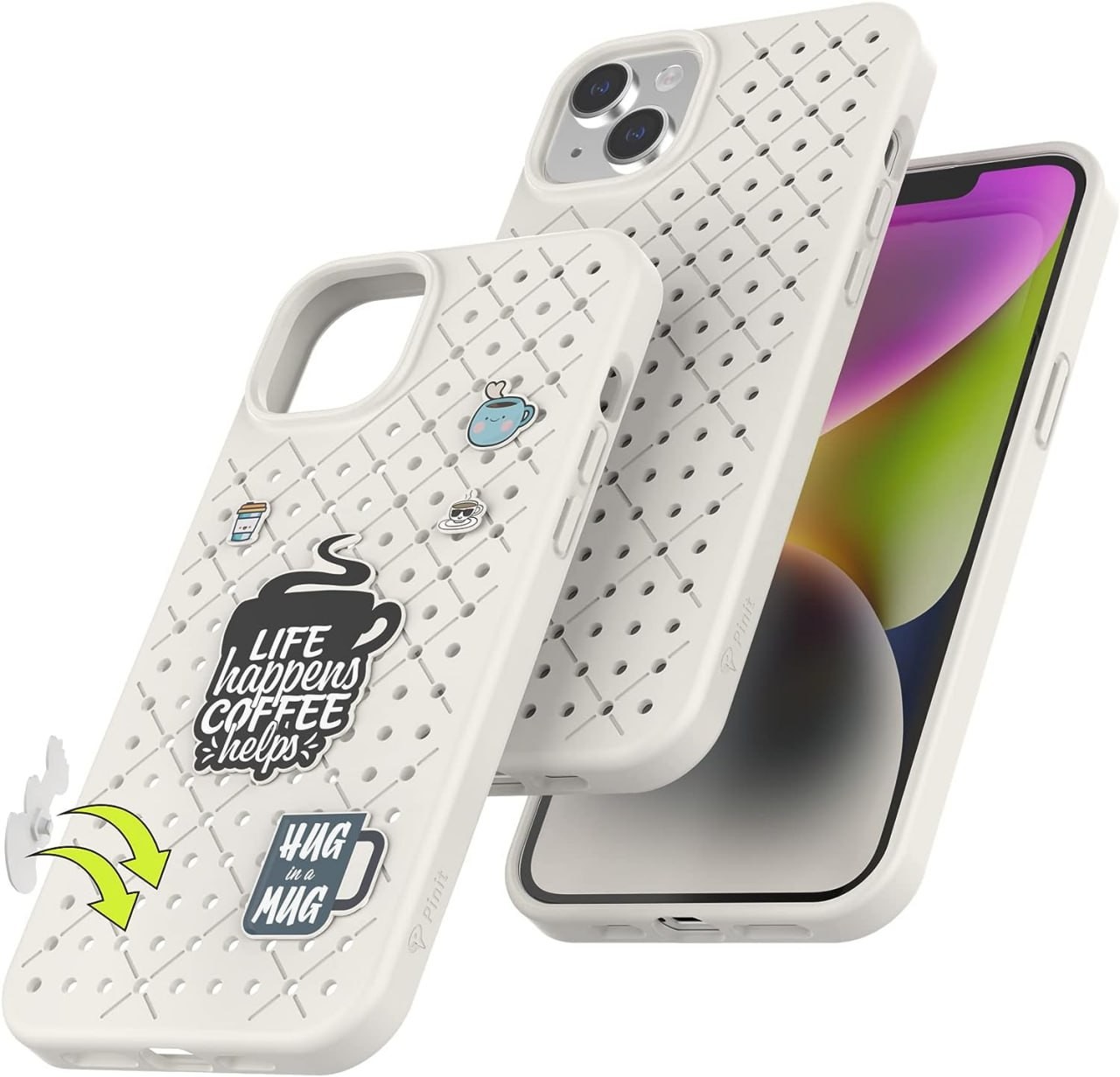 Pinit iPhone 14 - Personalize with DIY Phone Case Charms, Coffee Series Stud Clips, Custom iPhone Phone Cases, Protective & Stylish Cell Phone Cases - White,