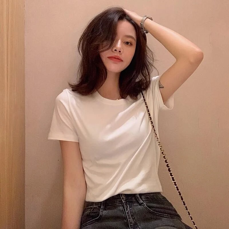 [full amount] women's short-sleeved T-shirt Korean style clothes girls tops boudoir honey dress white ins trendy short-sleeved women's Korean style slim bottoming round neck T-shirt 202