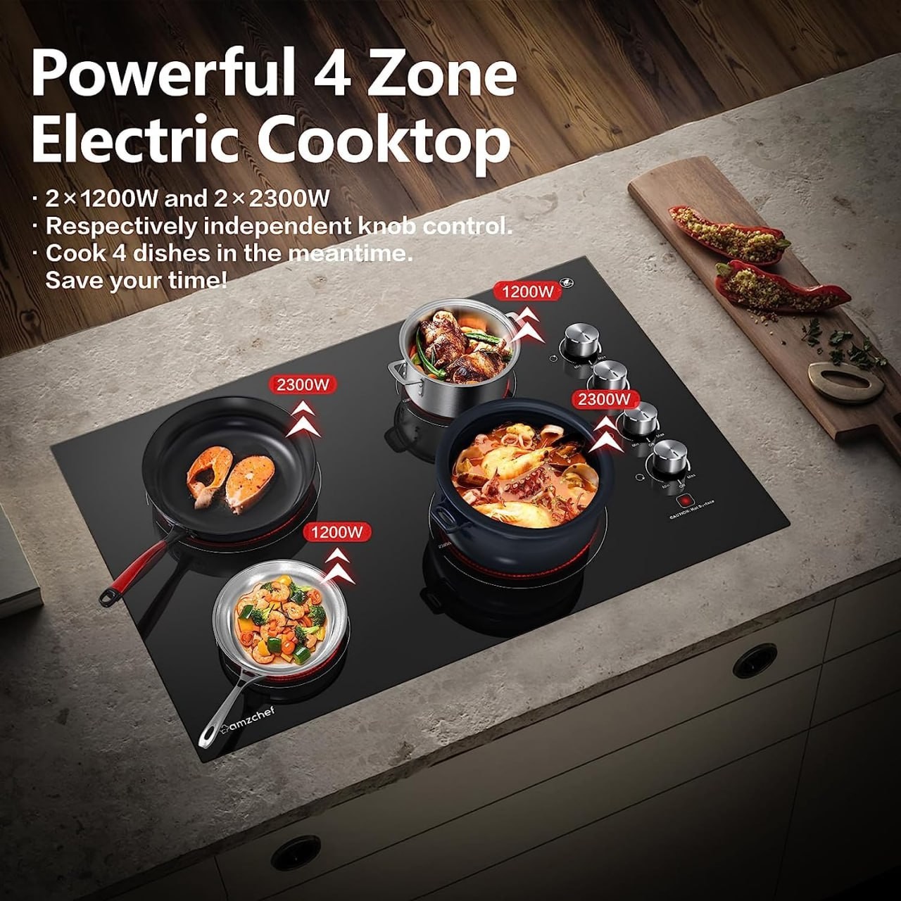 AMZCHEF Electric Cooktop 30 Built-in Electric Burner with 4 Burners, ETL Safety Certified, 240V Power Control by Knob, 7000W Electric Stove with Hot Surface Indicator