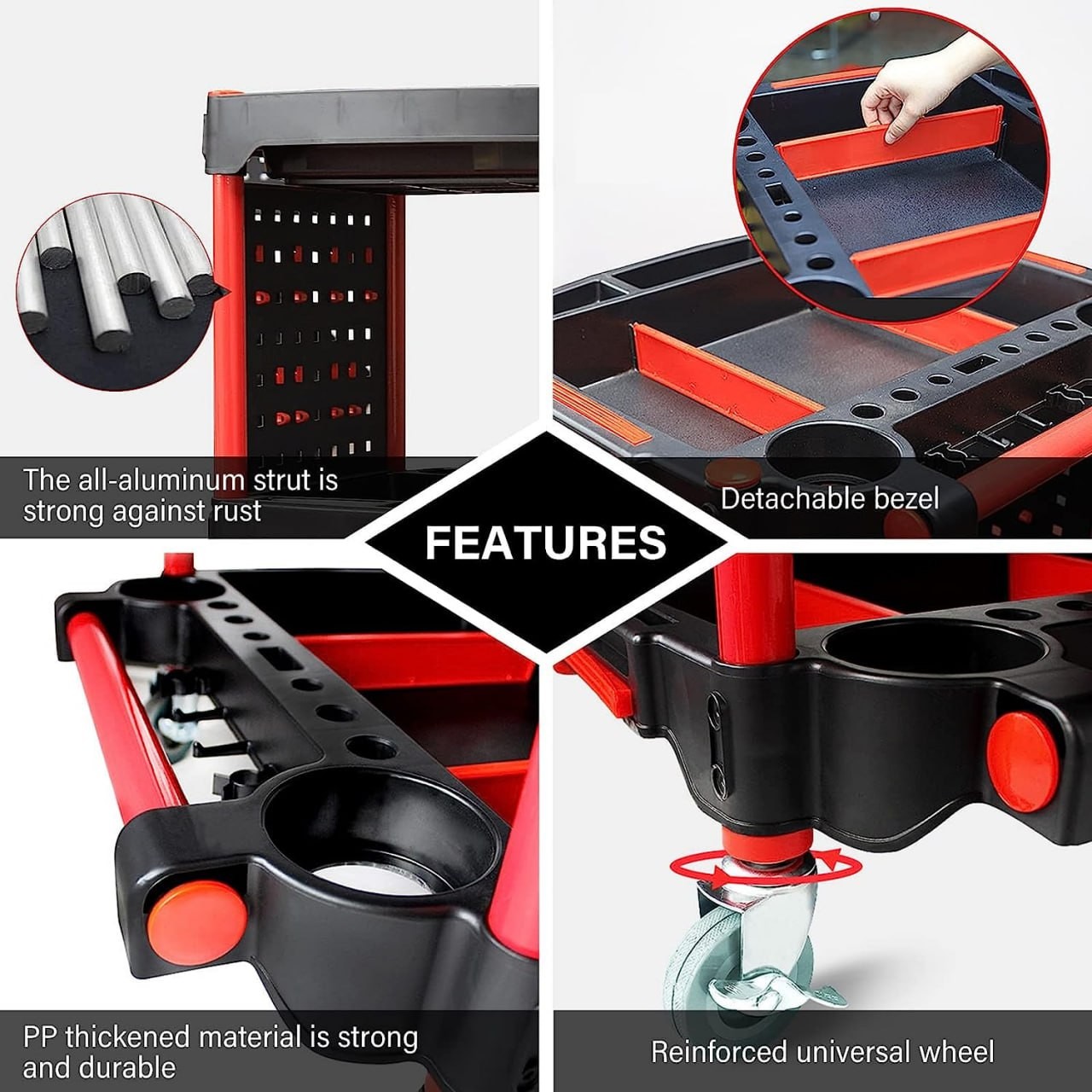 440lb Rolling Utility Tool Cart Organizer, 3 Tier Car Wash Detail Trolley with Side Hanging Plate & Hooks, Mechanics & Detailers During Repairs Car WashWax Mobile Utility Cart, for Car