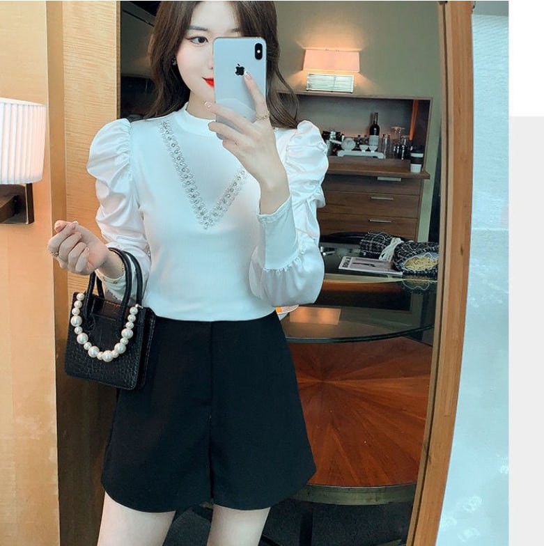 Long-sleeved tops women's spring beaded stitching chiffon shirts puff sleeves slim fit bottoming shirts T-shirts