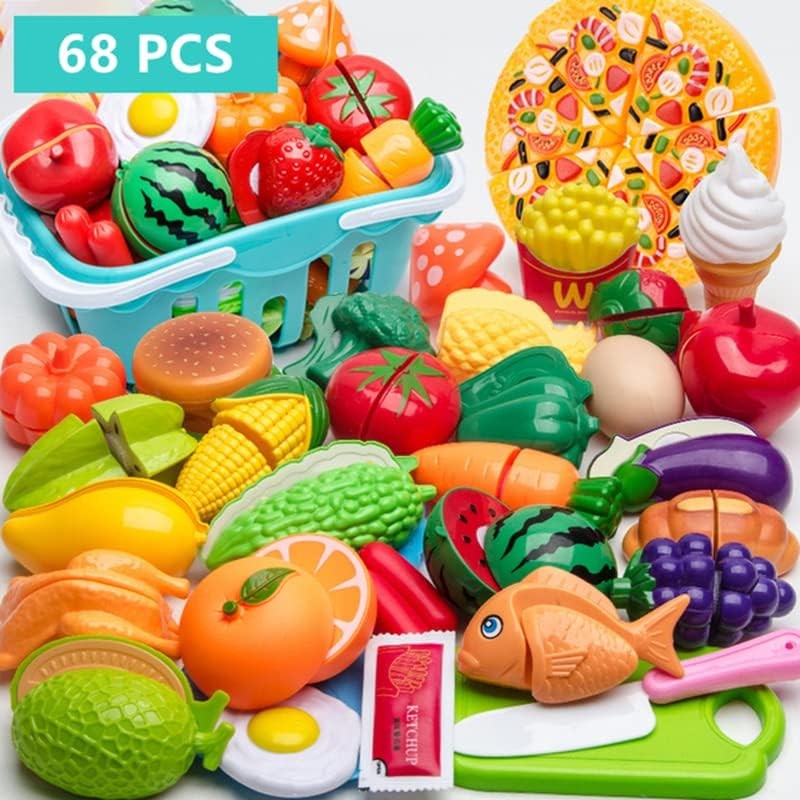 ioatiot Fruit Cutting Simulation Toy Set, 68pcs Play Kitchen Plastic Cutting Food Cuttable Fruits and Vegetables Play Food Kitchen Toy Accessories Set, Educational
