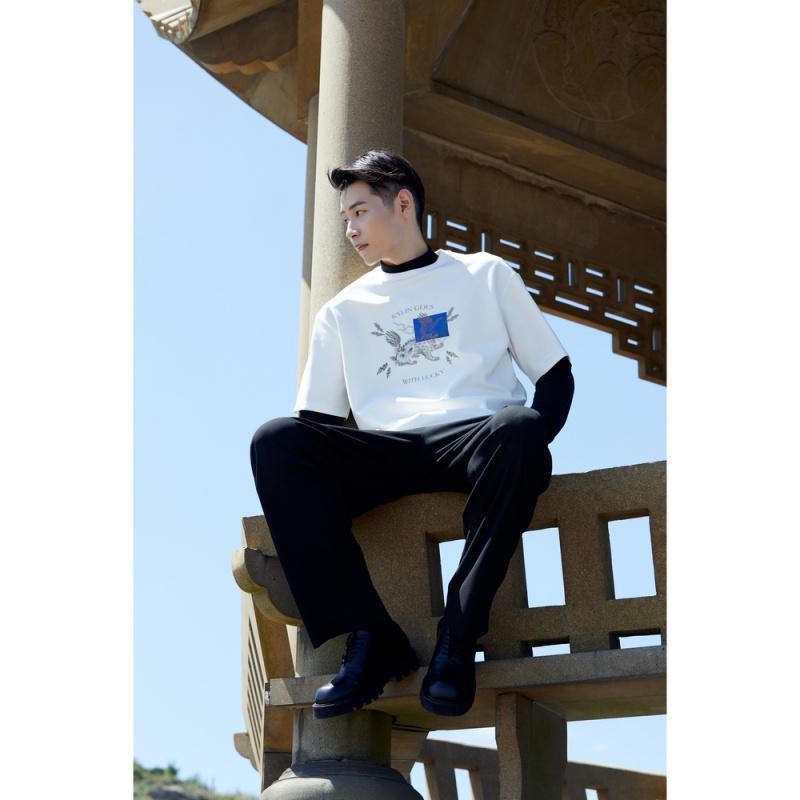 1 piece 3 discount 70.5, can be superimposed 199 minus 30] Ruishou Kirin MECITY men's spring and summer new loose printed cotton short-sleeved top ribbed round neck T-shirt