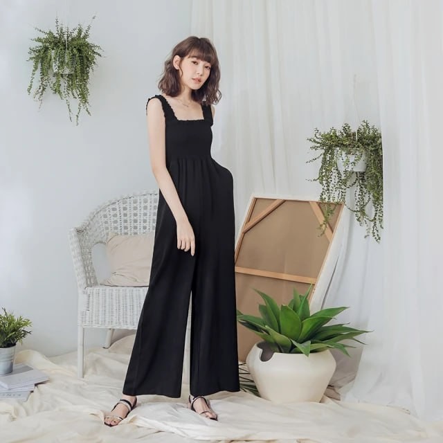 OB Yanxuan solid color flat collar elastic shape jumpsuit 3 colors BA4283
