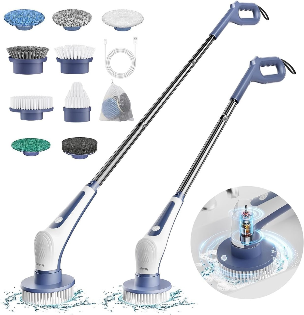 Electric Spin Scrubber, 13 in 1 Cordless Cleaning Brush, 11 Replaceable Brush Heads, IPX8, Adjustable Speeds, Power Shower Scrubber with Long Handle for B