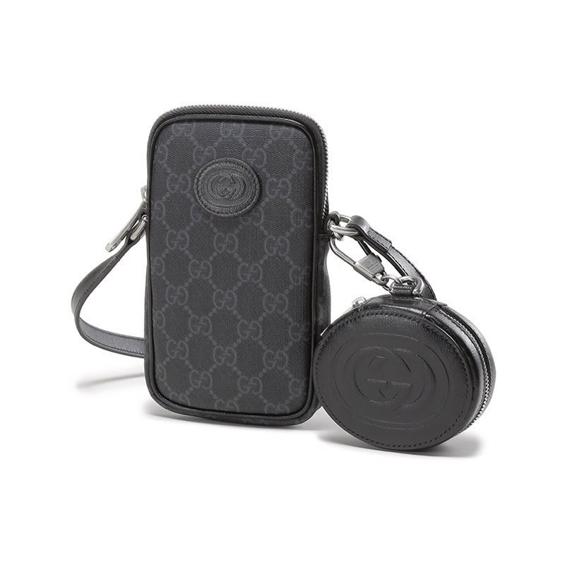Gucci GUCCI Men's Canvas and Leather Mini Shoulder Messenger Bag Mobile Phone Bag with Small Bag 700959 92TCF 1000-Black GG Presbyopia