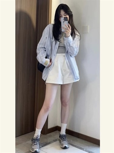 Blue striped sunscreen shirt women's summer and Korean style casual design loose lazy long-sleeved polo collar shirt