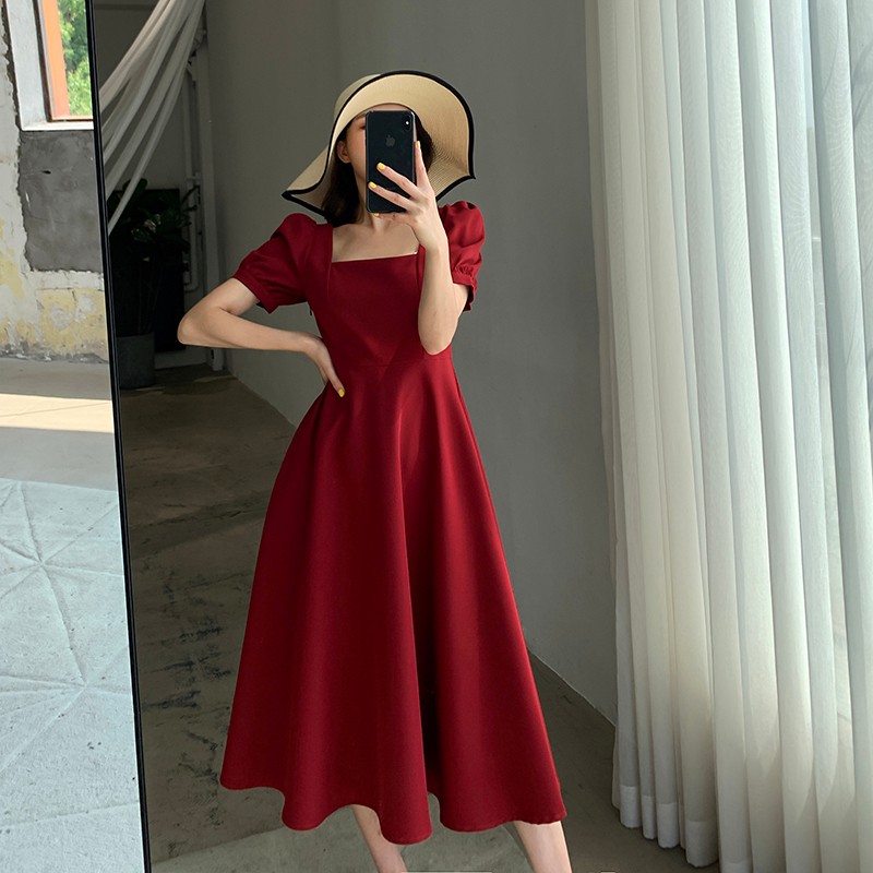new korean puff sleeve long dress for woman casual formal dress elegant red cocktail dress plus size