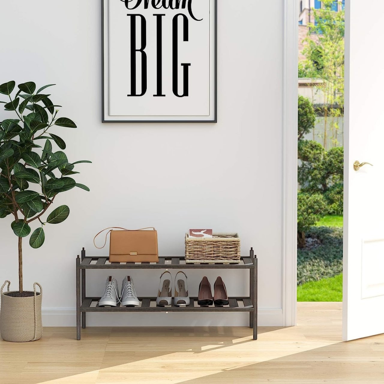 Dranixly Bamboo 2-Tier Shoe Rack Stackable Shoe Shelf Storage Organizer for Entryway, Hallway and Closet, 27.2x11x13.2 (Mocha)