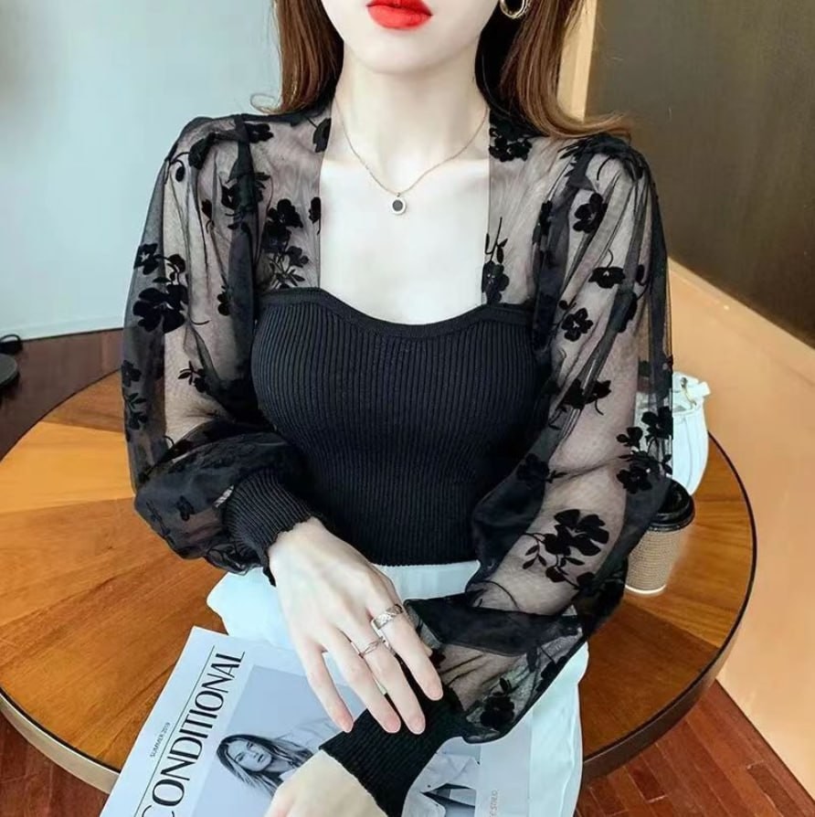French Stitching Square Neck Long Sleeve Shirt Women Slim-Fit