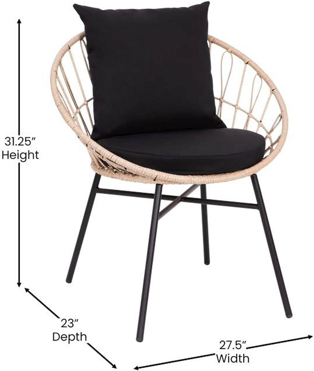 Flash Furniture Devon Set of 2 Modern Boho Rattan Rope Chairs, Weather-Resistant Tan Finish Rattan with Black Back and Seat Cushions - IndoorOutdoor