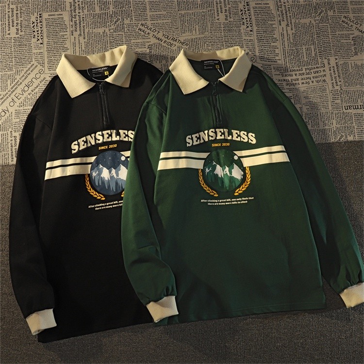 Retro College Style Polo Collar Half-zip Cotton Sweatshirt Women's Harajuku Style Long-sleeve Loose Baseball Couple Jacket