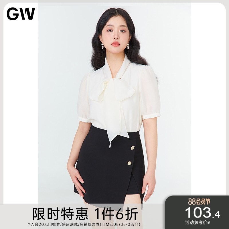 GW large size women's French style workplace temperament puff sleeve bow ribbon shirt 2023 summer new style fat mm