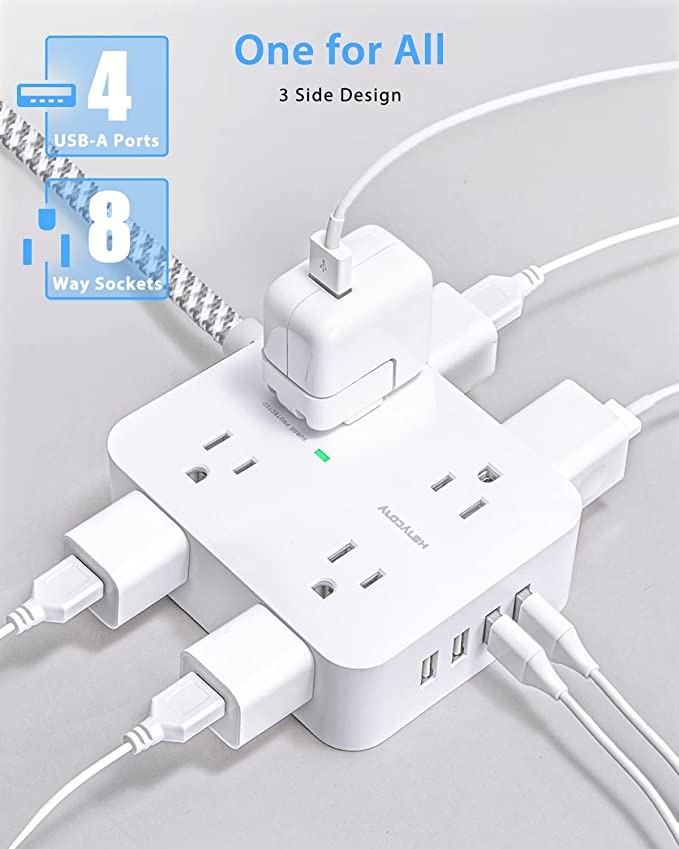 Surge Protector Power Strip - Extension Cord with 8 Widely Outlets 4 USB Ports, 3 Side Multi Plug Outlet Extender, Flat Plug, 5Ft, Wall Mount, Desk USB Charging Station for Home Office Dorm Roo