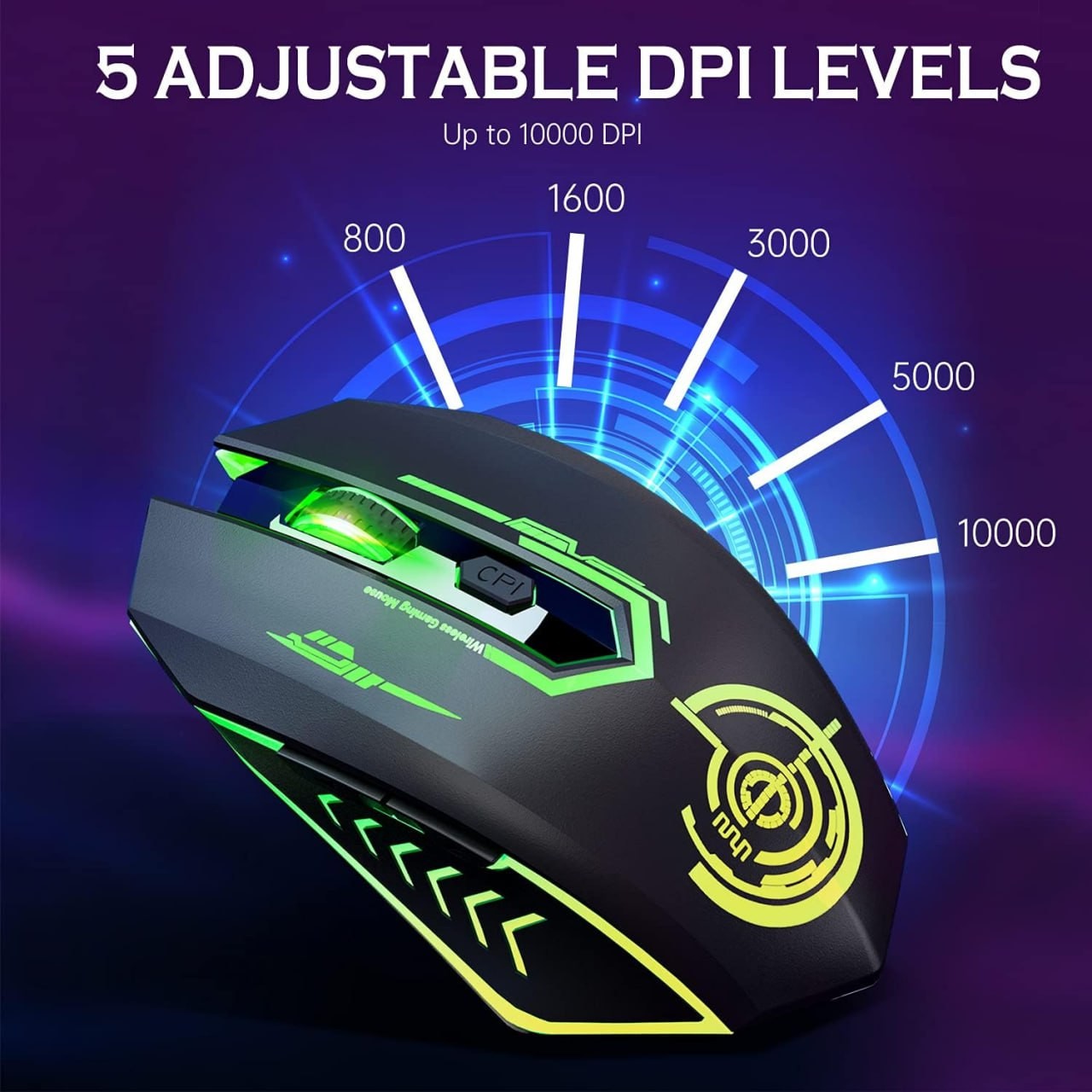 UHURU Wireless Gaming Mouse Up to 10000 DPI, Rechargeable USB Wireless Mouse with 6 Buttons 7 Changeable LED Color Ergonomic Programmable MMO RPG for PC Laptop, Compatible with Windows Mac