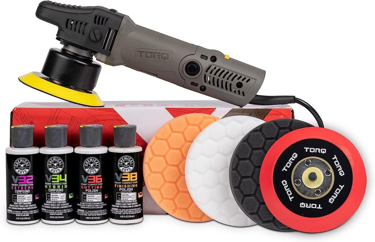 Chemical Guys BUF_503X TORQX Random Orbital Polisher, Pads, Polishes & Compounds Kit - 9 Items
