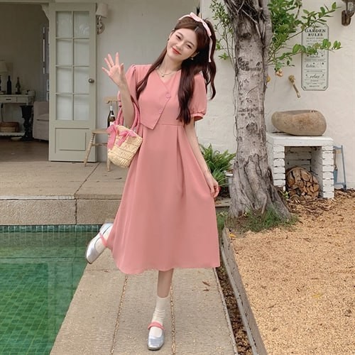 Large size French style age-reducing V-neck dress women's summer new design waist slimming dress