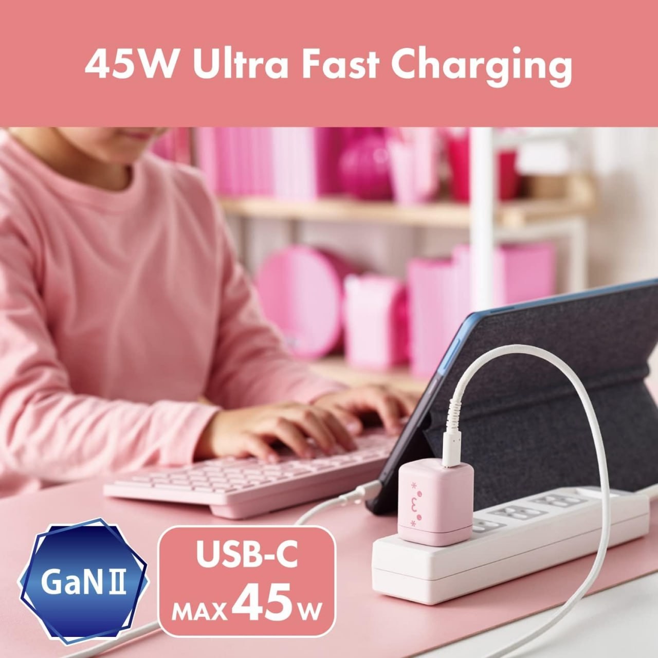 ELECOM USB C GaNII Wall Charger, Ultra Fast Charging, Foldable Plug AC Adapter, Portable Cute Design Compatible with Mobile Phone, Tablet, Shiro Chan Collec