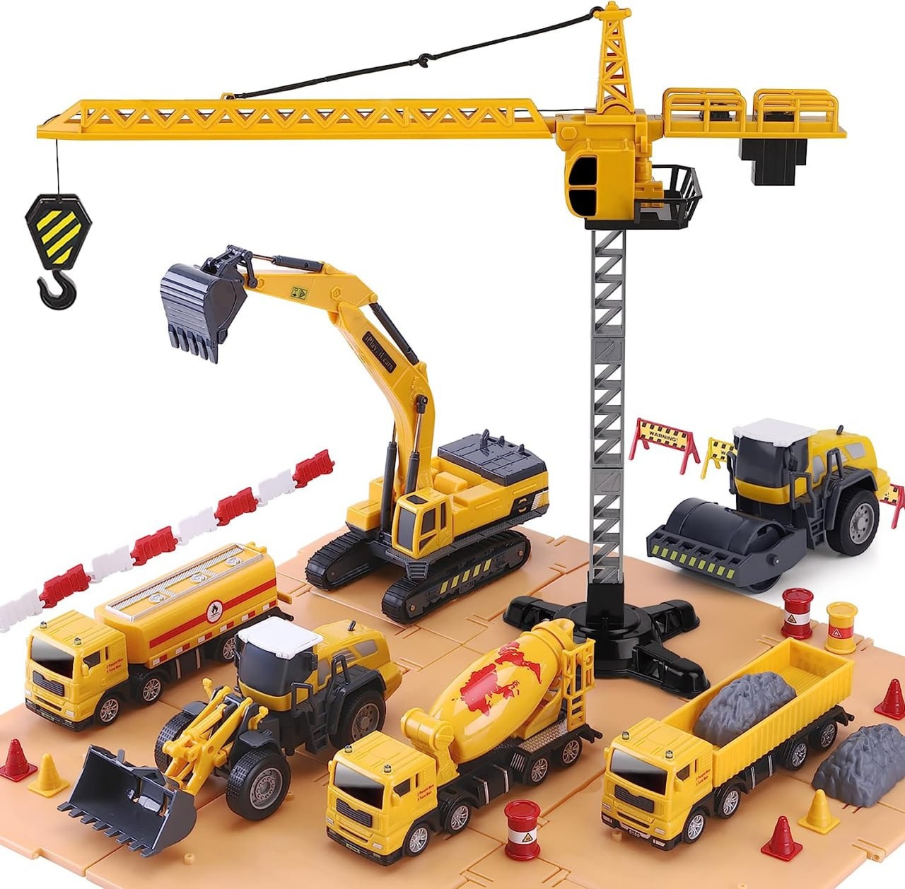 iPlay, iLearn Construction Site Vehicles Toy Set, Kids Engineering Playset, Tractor, Digger, Crane, Dump Trucks, Excavator, Cement, Steamroller, Birthday Gift for 3 4 5 Year