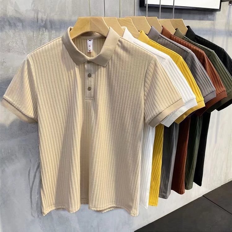 【4 Color 】S-2XL Korean Style Striped Texture Short Sleeve Polo Shirt For Men Khaki Lapel Collar Loose Casual Tops Plain Tshirt Mens Couple