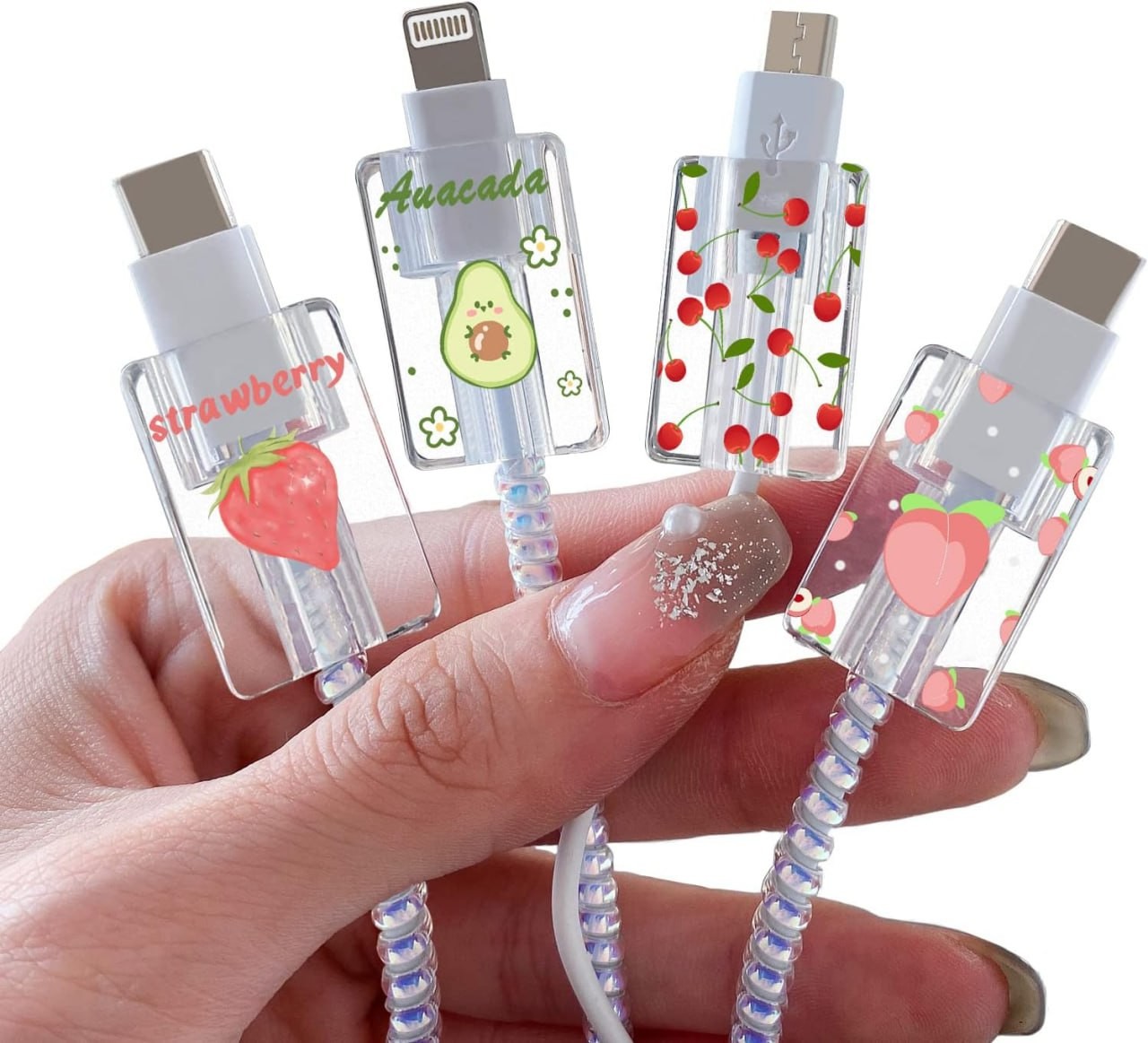 Cute Fruit Cable Protector for iPhone Charger,Kawaii Avocado Pink Strawberry Cherry Peach Pattern Phone Cable Bite Protector,Charging Cord Protector,Cable Chomp