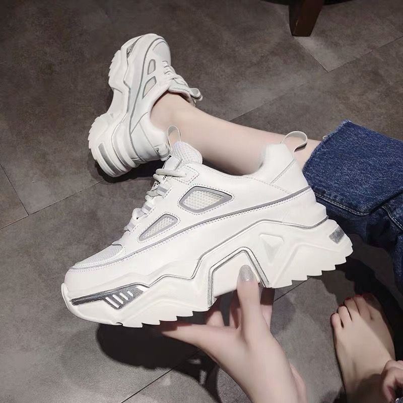 Women's new Korean style white shoes platform thick sole mesh breathable casual style sports shoes