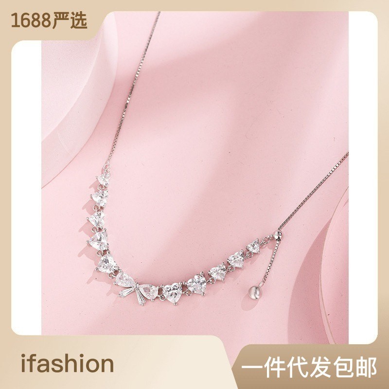 925 sterling silver zircon love bow necklace women's light luxury high-end niche design collarbone chain new necklace