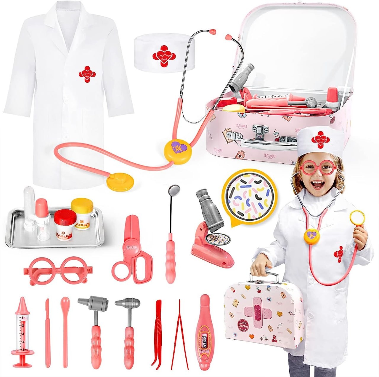 Pink Doctor Kit for Toddlers 3-5, 21Pcs Pretend Play Doctor Kit for Kids - Medical Kit with Real Working Stethoscope and Coat - Toddler Doctor Playset Kids Dr Kit Toys for Gi