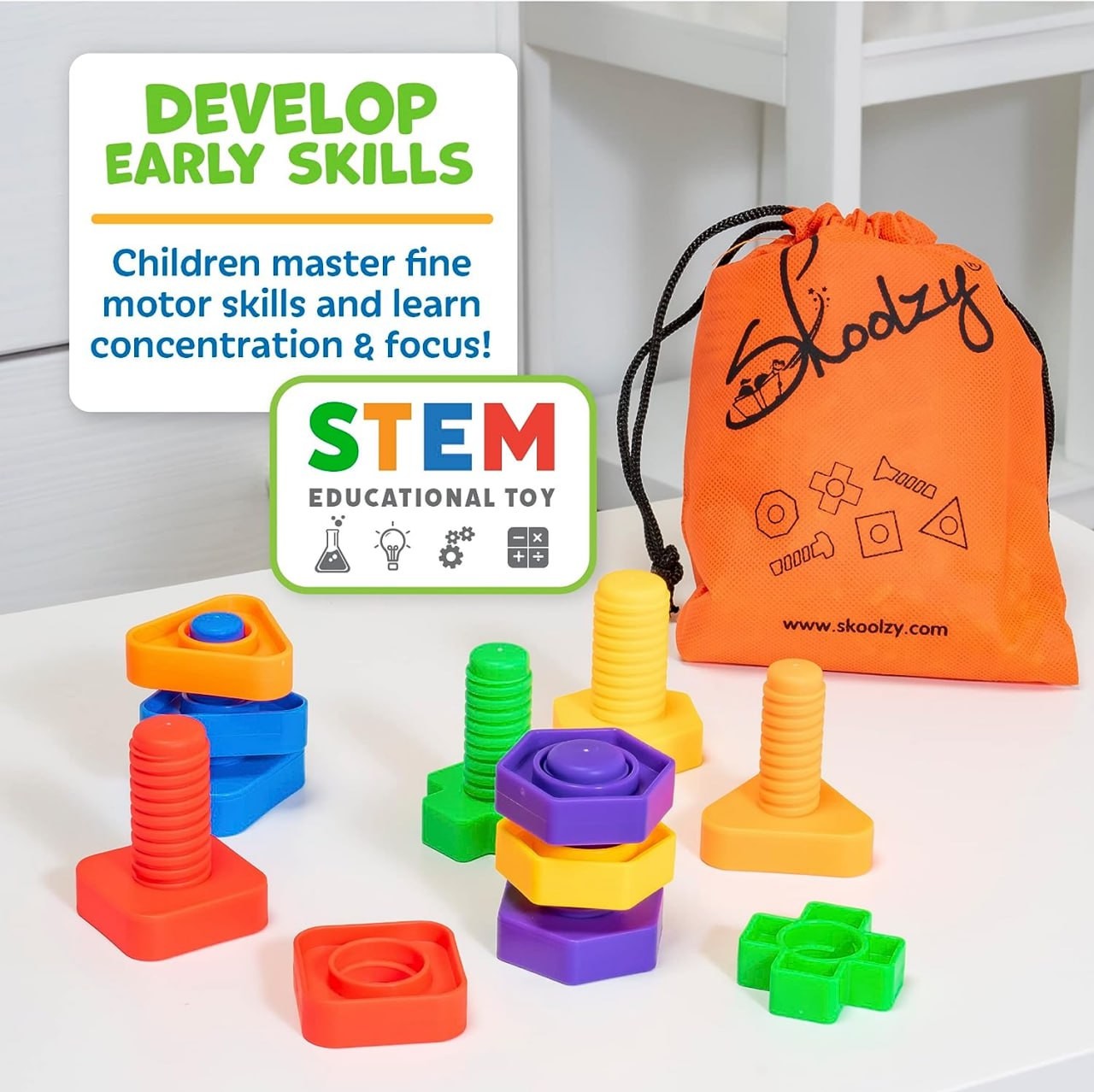 Skoolzy Nuts and Bolts 12 Piece Toy Building Block Set Sensory Occupational Therapy STEM for 18+ Months Toddler Toys & Kids, Includes eBook