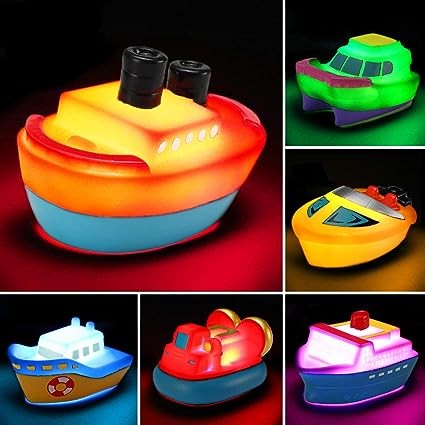 Bath Toys, 6 Packs Light up Boat Floating Rubber Set, Flashing Color Changing Light in Water, Tub Gift for Baby Infant Toddler Child Kid, Bathtub Ship Toy for Bathr