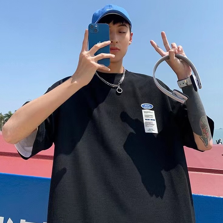 MX oversized tshirt for men Korean Waffle shirt aesthetic shirts man casual fashion white shirts