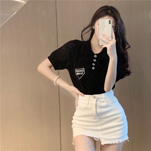 Chic small lapel classic diamond-shaped lattice letter ice silk white short-sleeved knitted women's summer POLO collar thin top