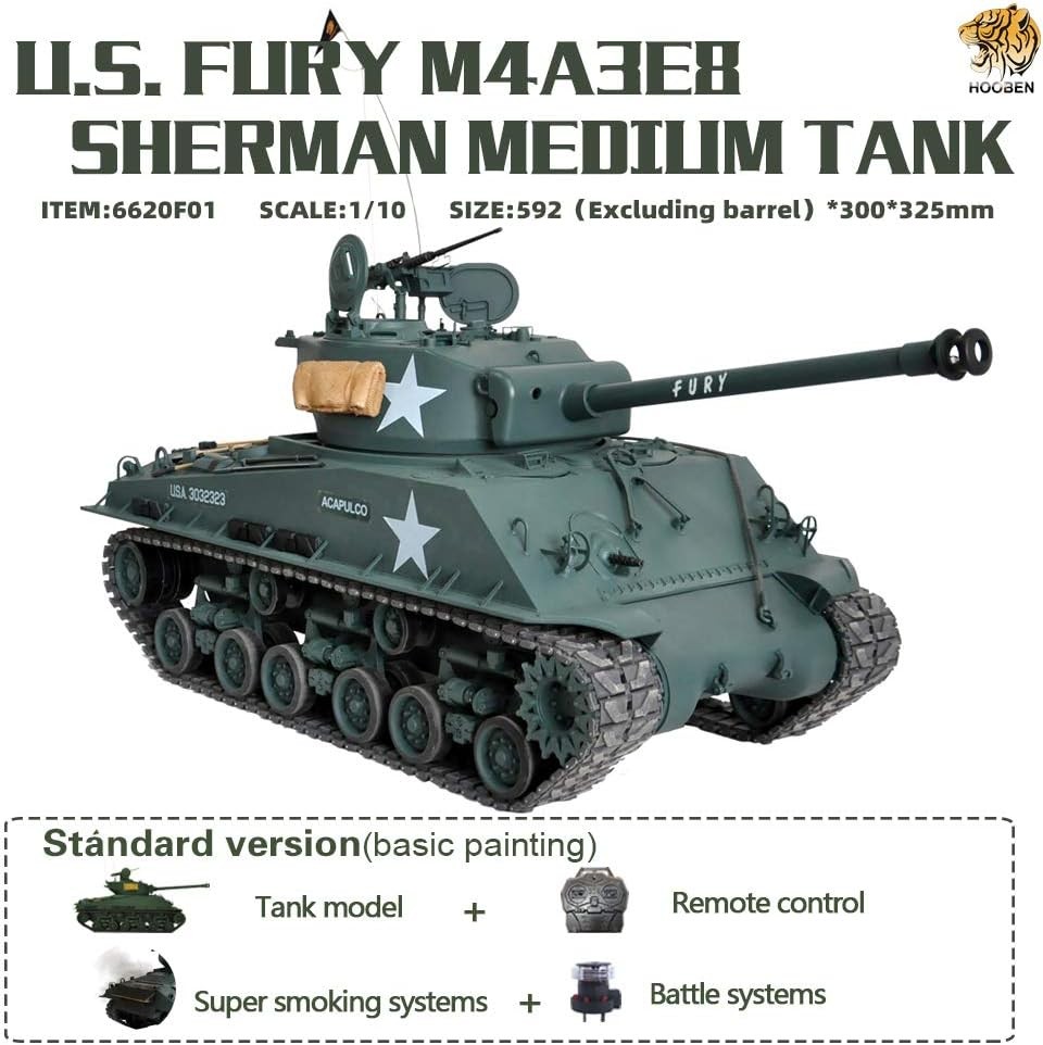 HOOBEN 110 US FURY M4A3E8 Sherman Brad Pitt Medium Tank RTR Full Function Ready to Run Assembled and Painted with Infrared IR Battle,Smoke,Radio Control,Sound,Light ,Meta