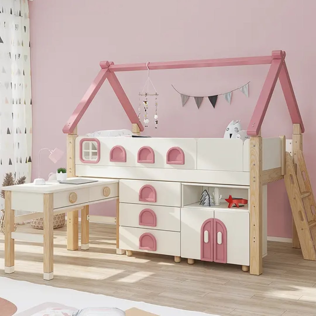 Solid wood children's roof middle-high bed multi-functional storage half-high bed combination bed children's bedroom room