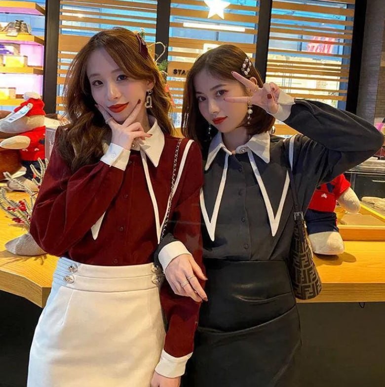 Women's Korean Style Blouses Elegant Long Sleeves Blouses Pure Color Long Sleeve Tops With Big Collar Formal Office Wear French Style Lapel