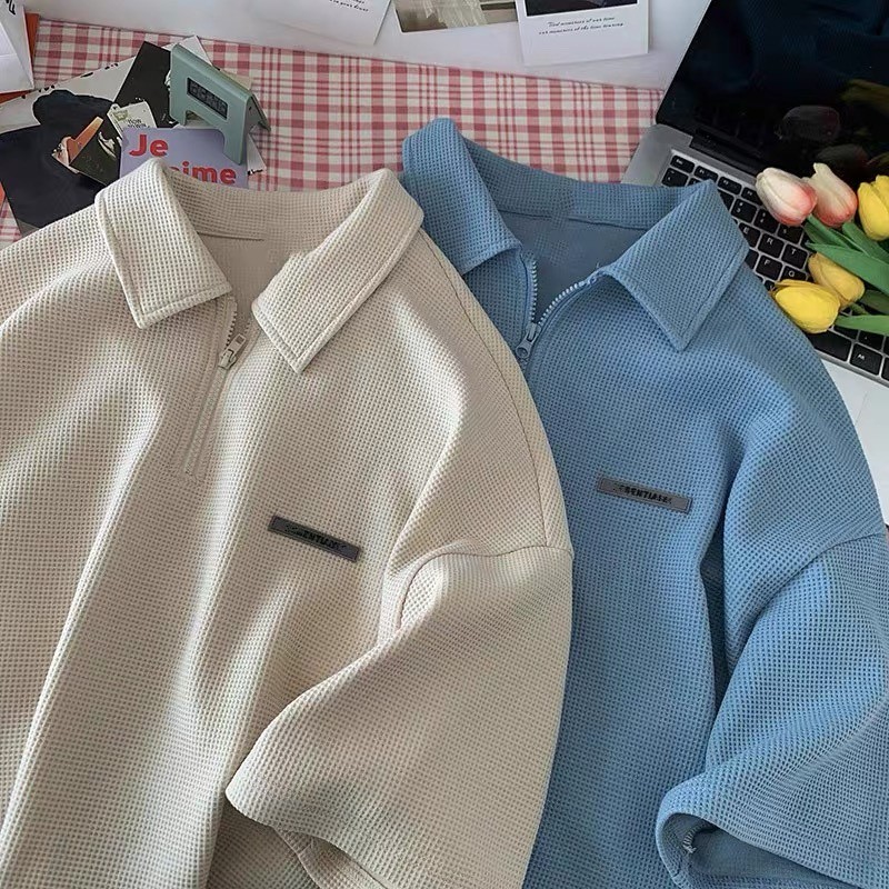 Korean Polo Shirt for Men Oversized Half Zipped Waffle Label