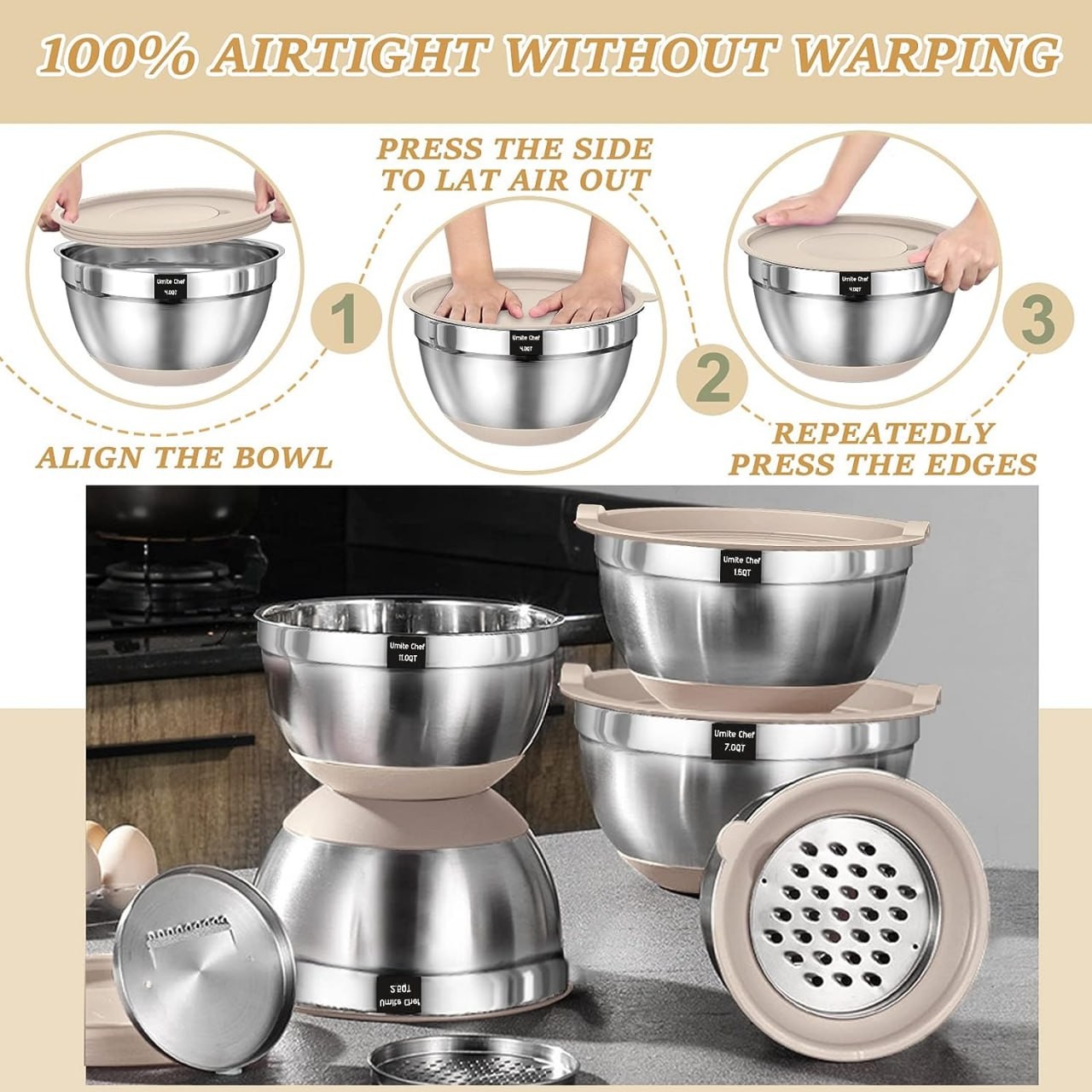 Mixing Bowls with Airtight Lids Set, 26PCS Stainless Steel Khaki Bowls with Grater Attachments, Non-Slip Bottoms & Kitchen Gadgets Set, Size 7, 4, 2.5, 2.0