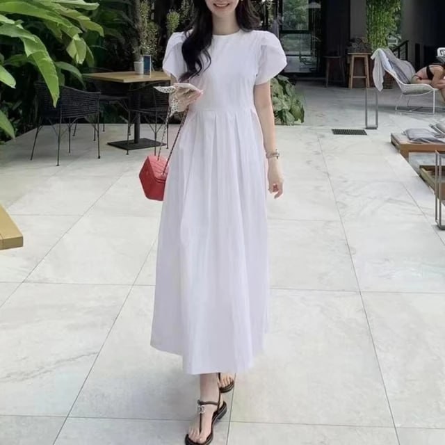 Pre-order ACheter Korean Sweet Petal Short Sleeve Waist Slim One-Piece Long Dress Round Neck Long Dress #117030 (3 colors)