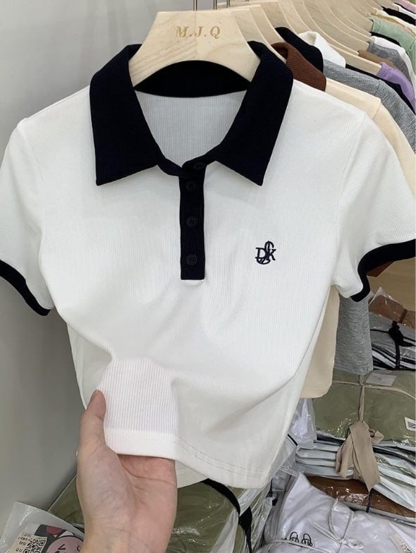 Embroidered Polo Shirt Short-Sleeve T-Shirt Women Lapel Top
