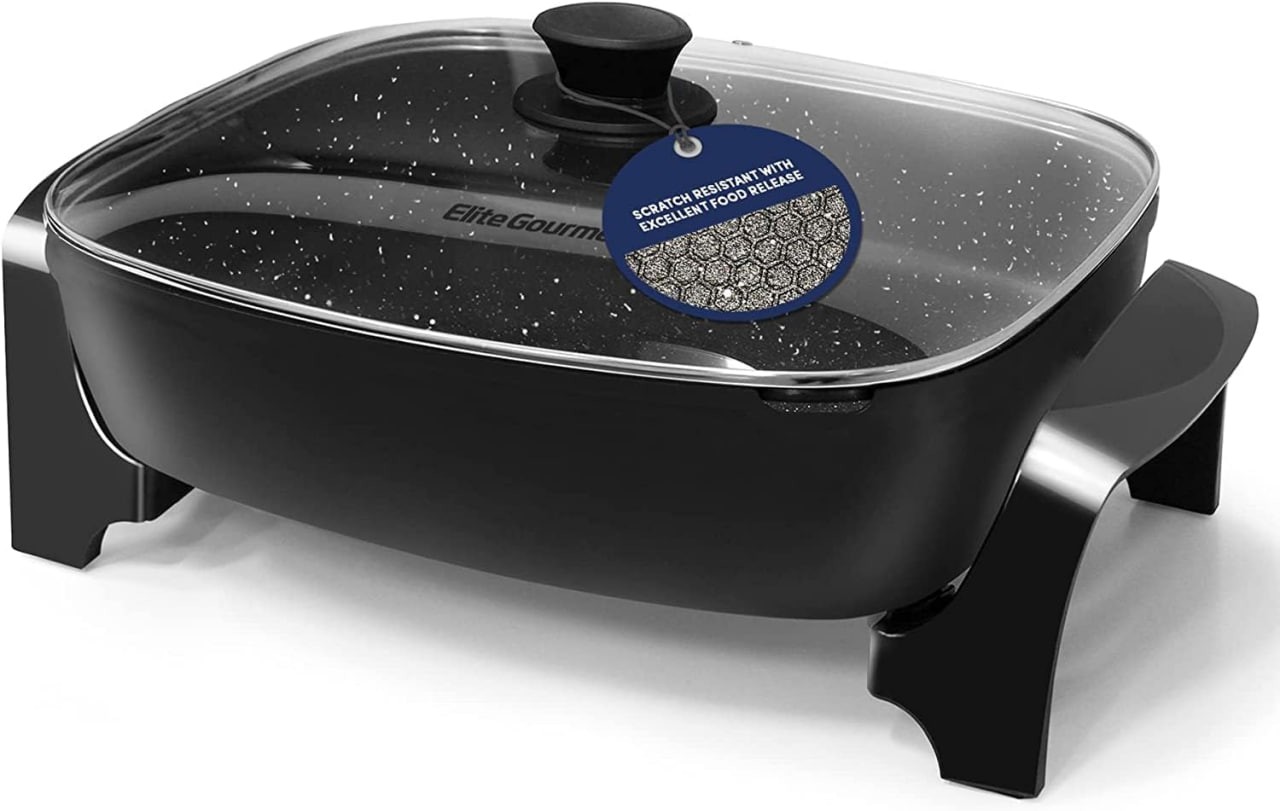 Elite Gourmet EG-6203# Extra Deep 16x13x3.2 (10.5Qt.) Scratch Resistant, Easy Pour Spout Dishwasher Safe, Non-stick Electric Skillet with Glass Vented Lid,