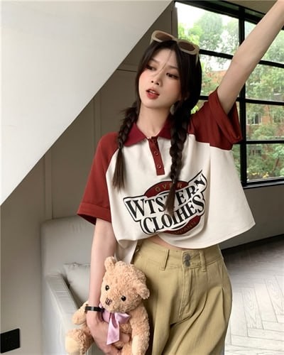 Pure cotton back bag 200g combed compact new short-sleeved t-shirt female print POLO collar Douyin quality