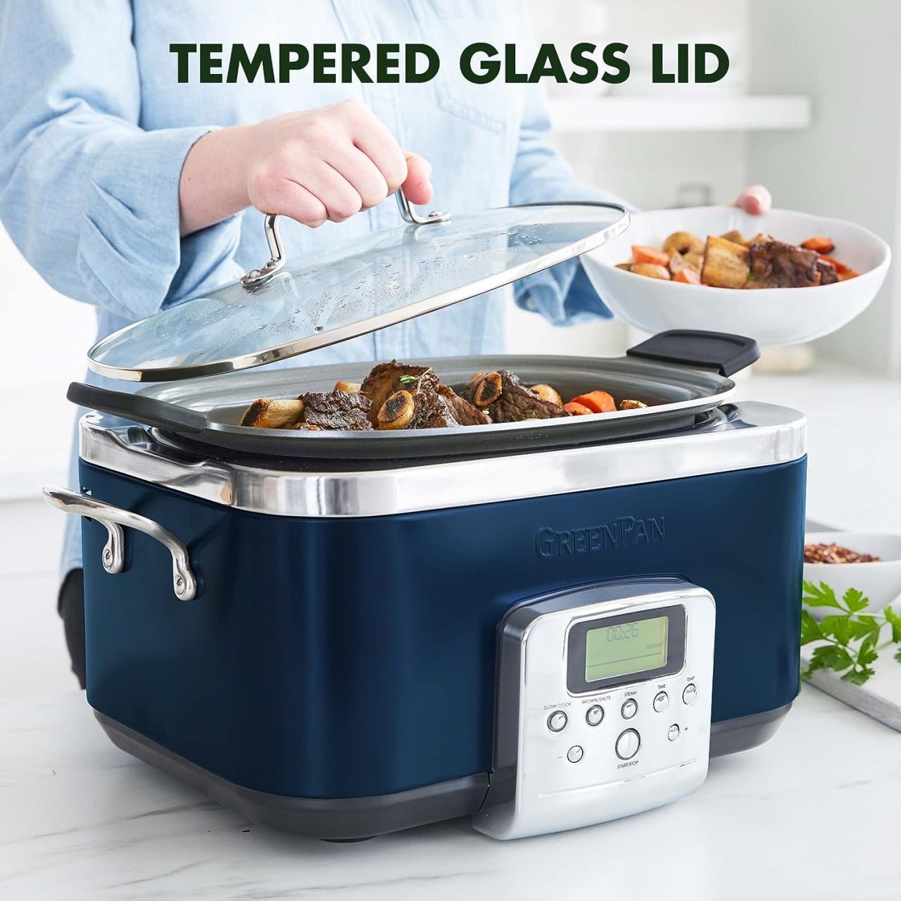 GreenPan Elite 8-in-1 Programmable 6QT Electric Slow Cooker,Dishwasher Safe Lid & Removable Crock, PFAS-Free Healthy Ceramic Nonstick Multi-Cooker,Sear, SautéBrown,